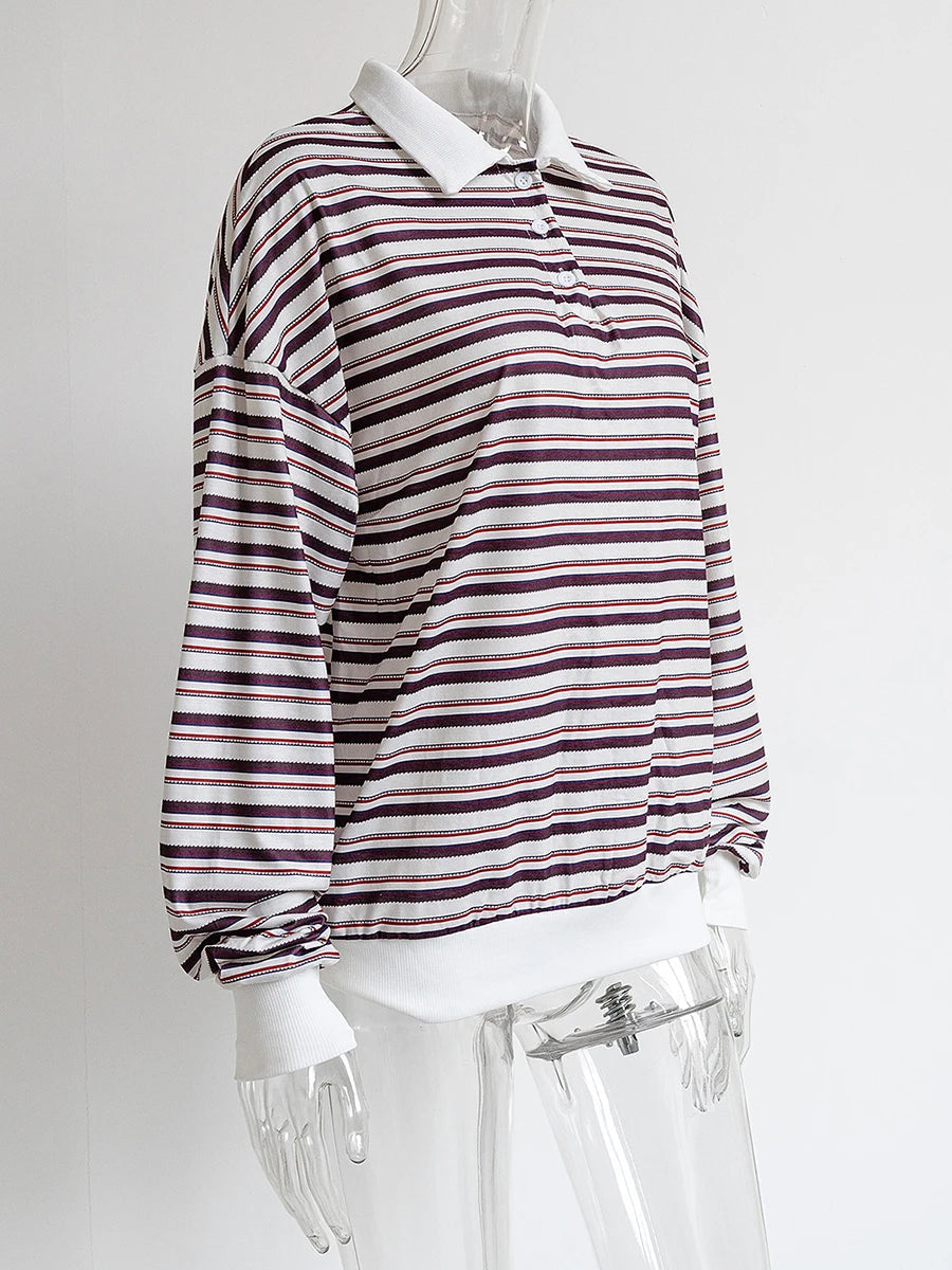 Aiertu  -  Striped Contrast Long Sleeve T-shirt Women Buttons Turndown Collar Loose T Shirt 2025 Spring New Streetwear Vintage Casual Tees Aiertu