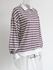 Aiertu  -  Striped Contrast Long Sleeve T-shirt Women Buttons Turndown Collar Loose T Shirt 2025 Spring New Streetwear Vintage Casual Tees Aiertu