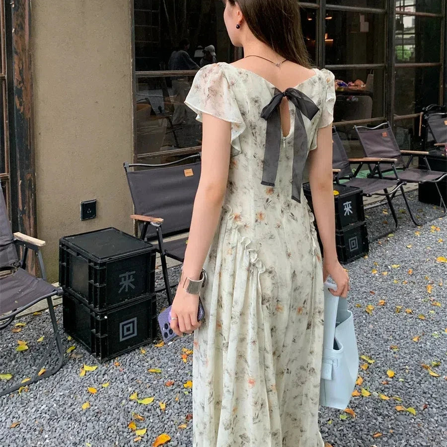 Aiertu  -  Vintage Elegant Women's Slim Summer Long Chiffon Dress Smudge Flower Square Collar Flattering Maxi Sundress Female Aiertu