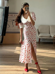 Aiertu  -  Fashion Slim Print Women's Dress Summer Lapel Short Sleeve Ankle Length Dresses Elegant High Waist Slit Female Dress Aiertu