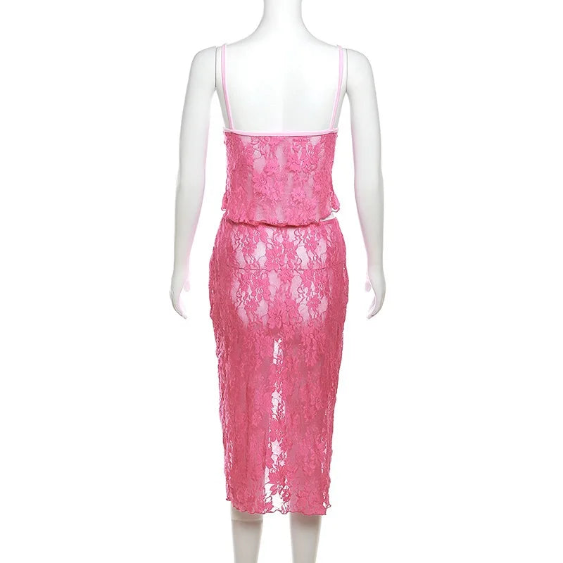 Aiertu  -  Two-Piece Set with Spaghetti Strap, Sleeveless Backless, Lace Slim Crop Top, Camisole, Hip Midi Skirt, Rose Red Aiertu