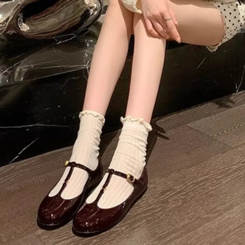 Aiertu  -   T-strap Mary Janes Shoes Women Patent Leather Elegant Black Ballet Flats Shoes Female Shiny Glossy Buckle Strap Pumps Loafers Aiertu