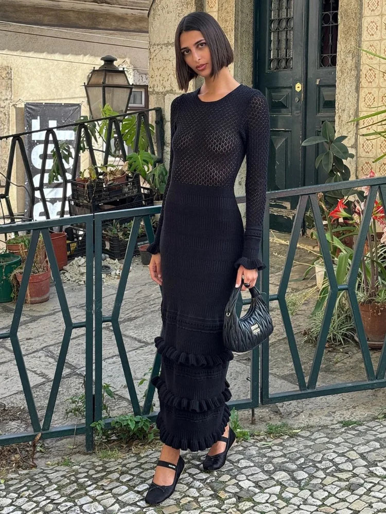 Aiertu  -  Women's Ruffle Edge Tight Knit Long Dresses Elegant O Neck Long Sleeve Maxi Dresses 2026 New Female Knitwear Street Robes Aiertu