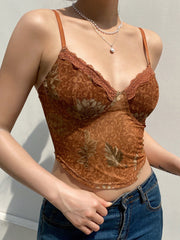 Aiertu - summer inspo Floral Print Vintage Aesthetic Mesh Camisole Women Brown Cute Y2K Crop Top Aiertu