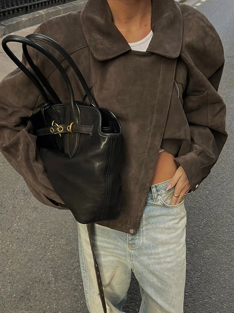 Aiertu  -  Lace Up Suede Waist Cinched Jacket Coat With Belt Leather Jackets Zipper Silhouette Lapel Slimming Short Outwear Women Overcoat Aiertu