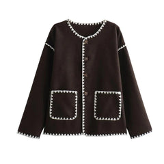 Aiertu  -  Women Fashion With Pockets Contrast Loose Woolen Jacket Coat Vintage Long Sleeve Button-up Female Outerwear Chic Tops Aiertu
