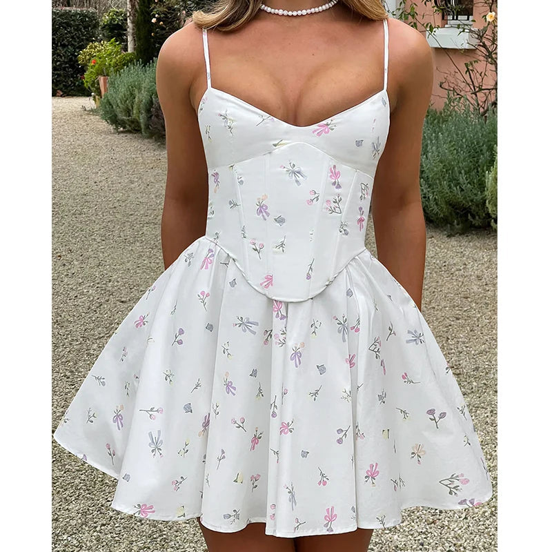 Aiertu  -  Floral Print Fishbone Slim Sling Mini Dress For Women Sexy Thin Straps Low Waist Holiday Party Summer Dresses Lace Up Back Robe Aiertu