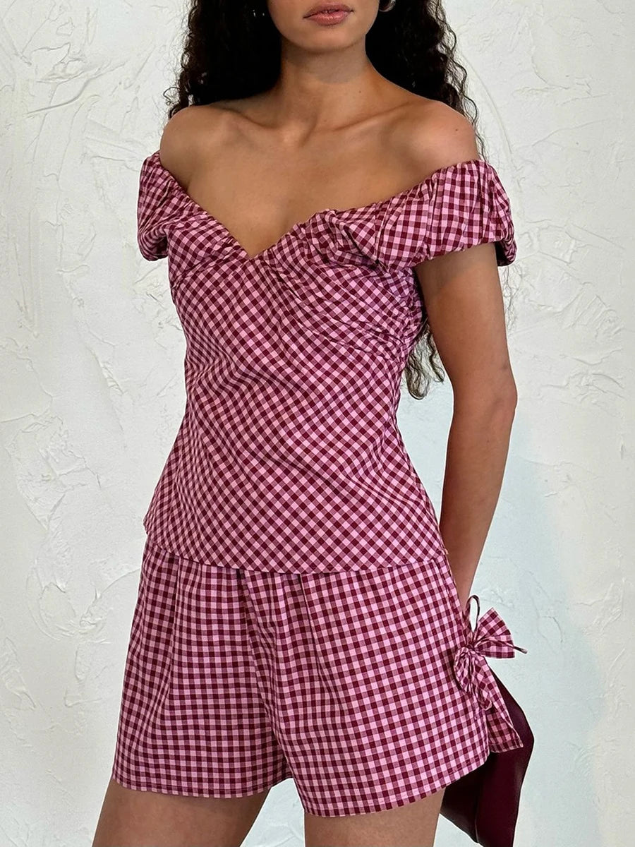 Aiertu  -  Women s Plaid Matching Set with V Neckline Off Shoulder Short Sleeve Top Bow Detail Elastic Waist Shorts and Pockets - 2 Aiertu
