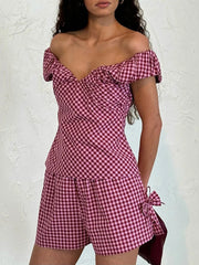 Aiertu  -  Women s Plaid Matching Set with V Neckline Off Shoulder Short Sleeve Top Bow Detail Elastic Waist Shorts and Pockets - 2 Aiertu