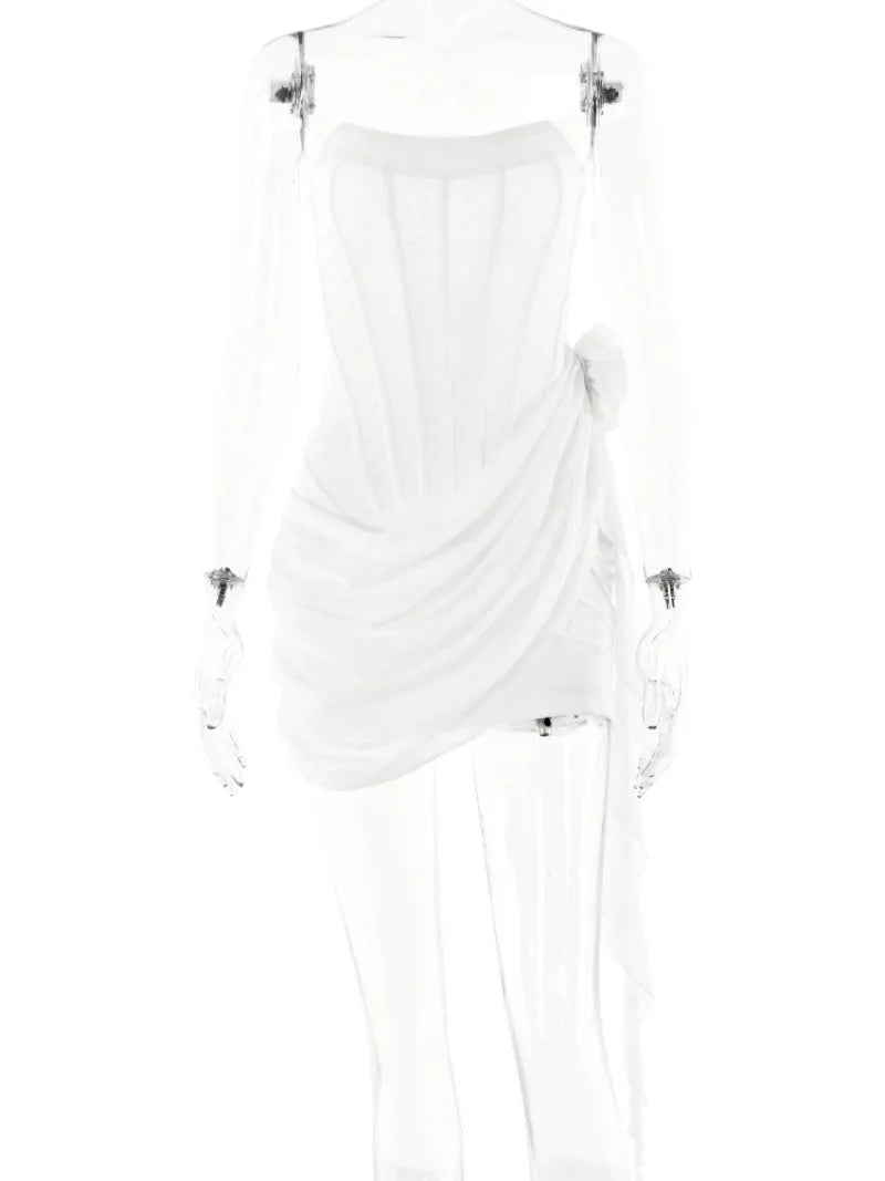 Aiertu  -  Fashion Strapless Flower Bandage Mini Dresses for Women White Black Sexy Female Sleeveless Tunics Lace-up Evening Party Dress Aiertu