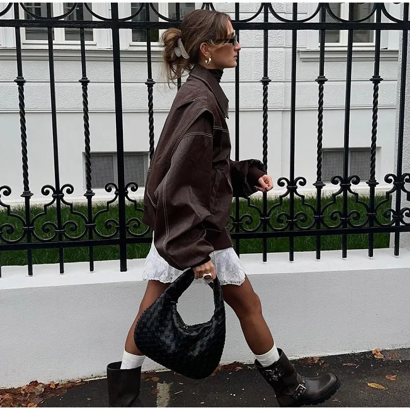 Aiertu  -  Loose Patchwork Leather Jackets Women Fashion Lapel Zipper Pockets Long Sleeve Coats 2026 Autumn New Female Chic Tops Streetwear Aiertu