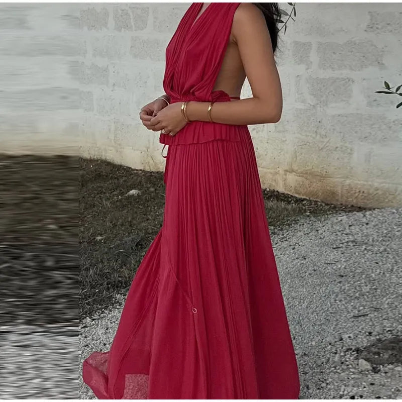 Aiertu  -  Fashion Pleated Long Skirts Set Women Sexy Sleeveless Backless Halter Tops High Waist Mermaid Skirt Vacation Beach 2 Pieces Sets Aiertu