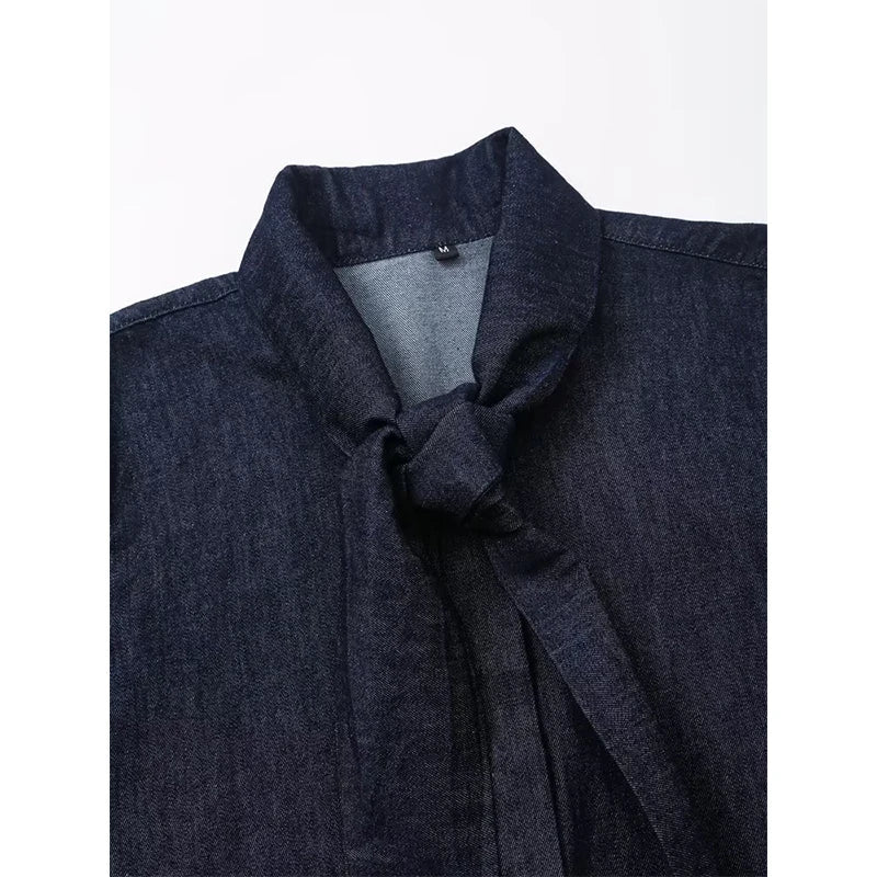 Aiertu  -  Autumn Women Neck Self Tie Long Sleeve Denim Shirt Long Sleeve High Street Blouse blusas mujer Aiertu