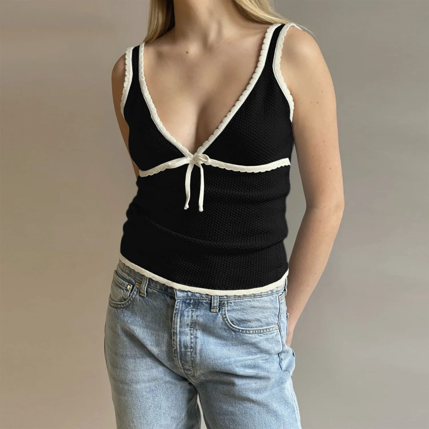 Aiertu  -  Retro Deep V Neck Crop Top Women Y2k Ruffle Vintage Tank Tops Womens Tie Up Bow Knitted Woman Backless Cute Tops 2026 New Aiertu