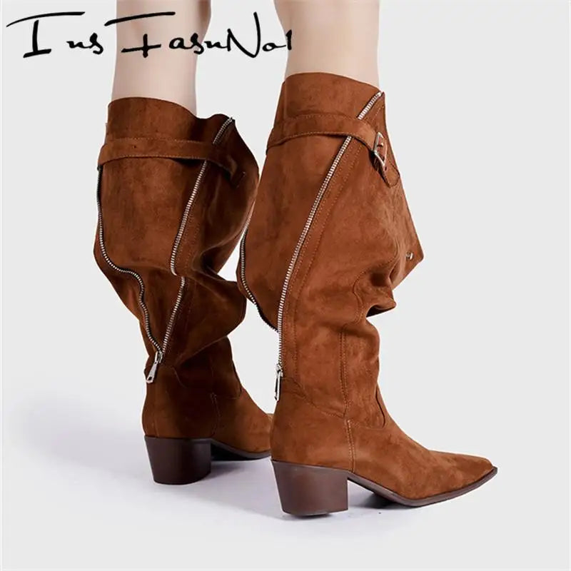 Aiertu  -  Designer Pointed Toe Western Cowboy Boots Women Chunky Heel Retro Belt Buckle Knight Boots Fashion Mujer Luxury Long Botas New Aiertu