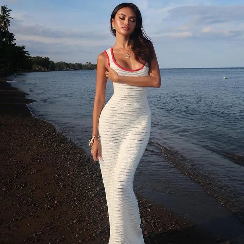 Aiertu  -   Elegant Sleeveless Hollow Out Knitted Maxi Dress Women Fashion Outfits Club Party Backless Tie Detail Long Dresses Aiertu