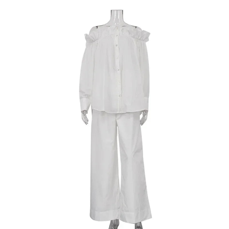 Aiertu  -  Fashion Ruffle Shirt Pants Sets Women Loose Off Shoulder Blouse High Waist Wide Leg Trouser 2025 Spring Summer Lady Solid Outfit Aiertu