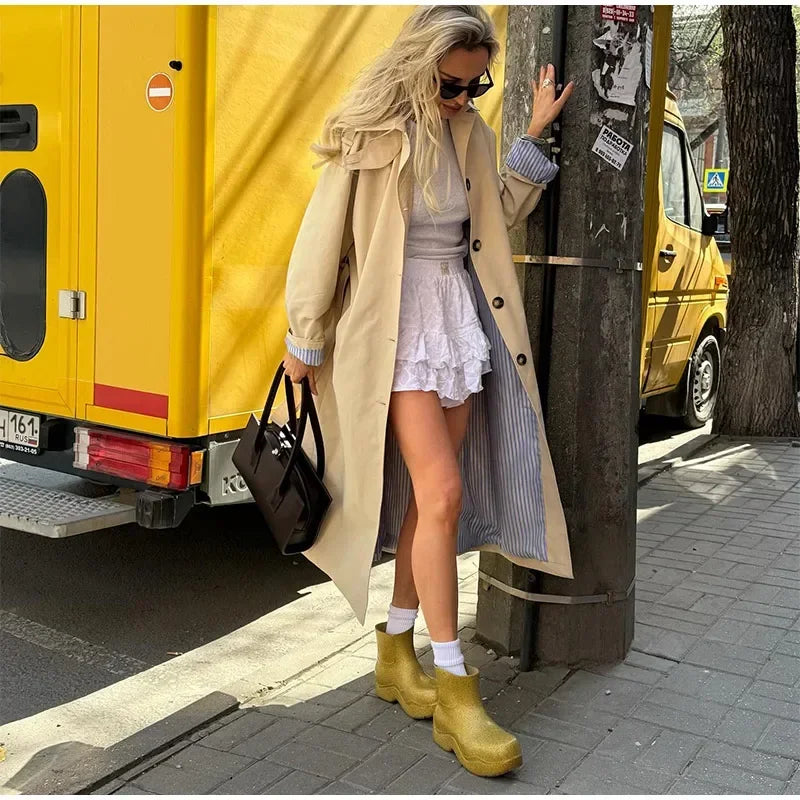 Aiertu  -  Casual Women's Patchwork Trench Coat With Belt Stripe Lining Lapel Button Full Sleeve Long Coats Autumn Lady Streetwear New Aiertu