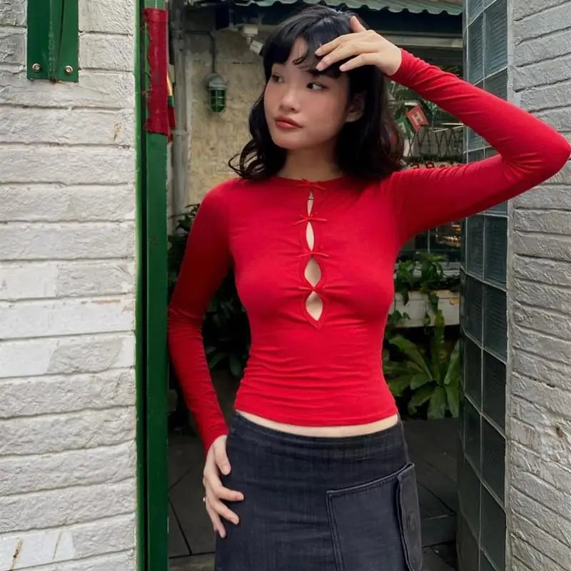 Aiertu       -  Streetwear Hollow Out T Shirt Women Clothes Long Sleeve Korean Fashion Slim Autumn Tops 2000s Clothes Y2k Tees Female Aiertu