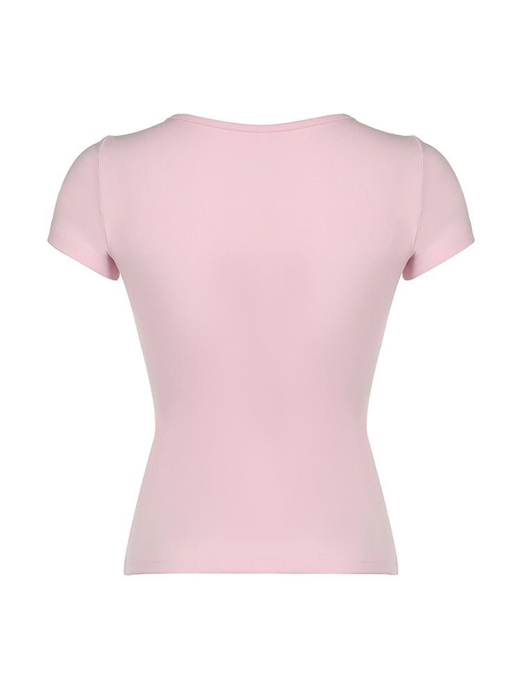 Aiertu - summer inspo Japanese Kawaii Contrast Lace Tie Bow Square Collar Slim Short Sleeve Black T Shirt Women Pink Sweet Balletcore Cute Tees Aiertu