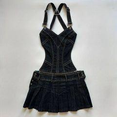 Aiertu  -  Y2k Skirt Sets Black Suspender Hollow Out Two Piece Sets Women Outfits Fashion Sexy A Line Pleated Skirt Harajuku Streetwear Aiertu