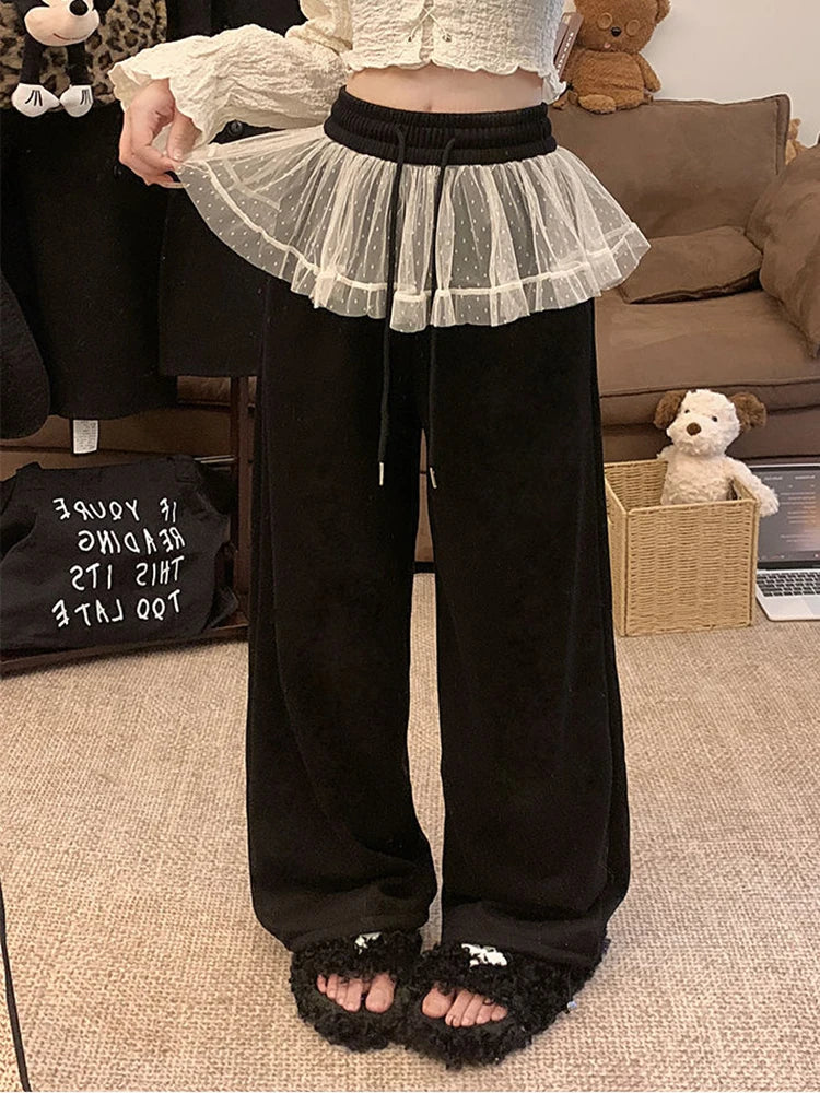 Aiertu  Lace Patchwork Sweet Pants Women Korean Fashion High Waist Loose Trousers Casual Design Lady Lace Up Spring Wide Leg Pants Aiertu