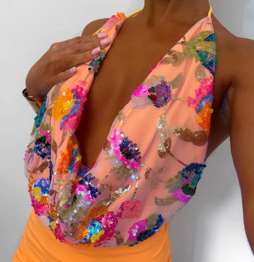 Aiertu  -  Sequins Colorful Tank Top Mini Skirt Sets Women Backless Off Shoulder Short Vest Tops Mini Skirts Suits Holiday Set Summer Aiertu