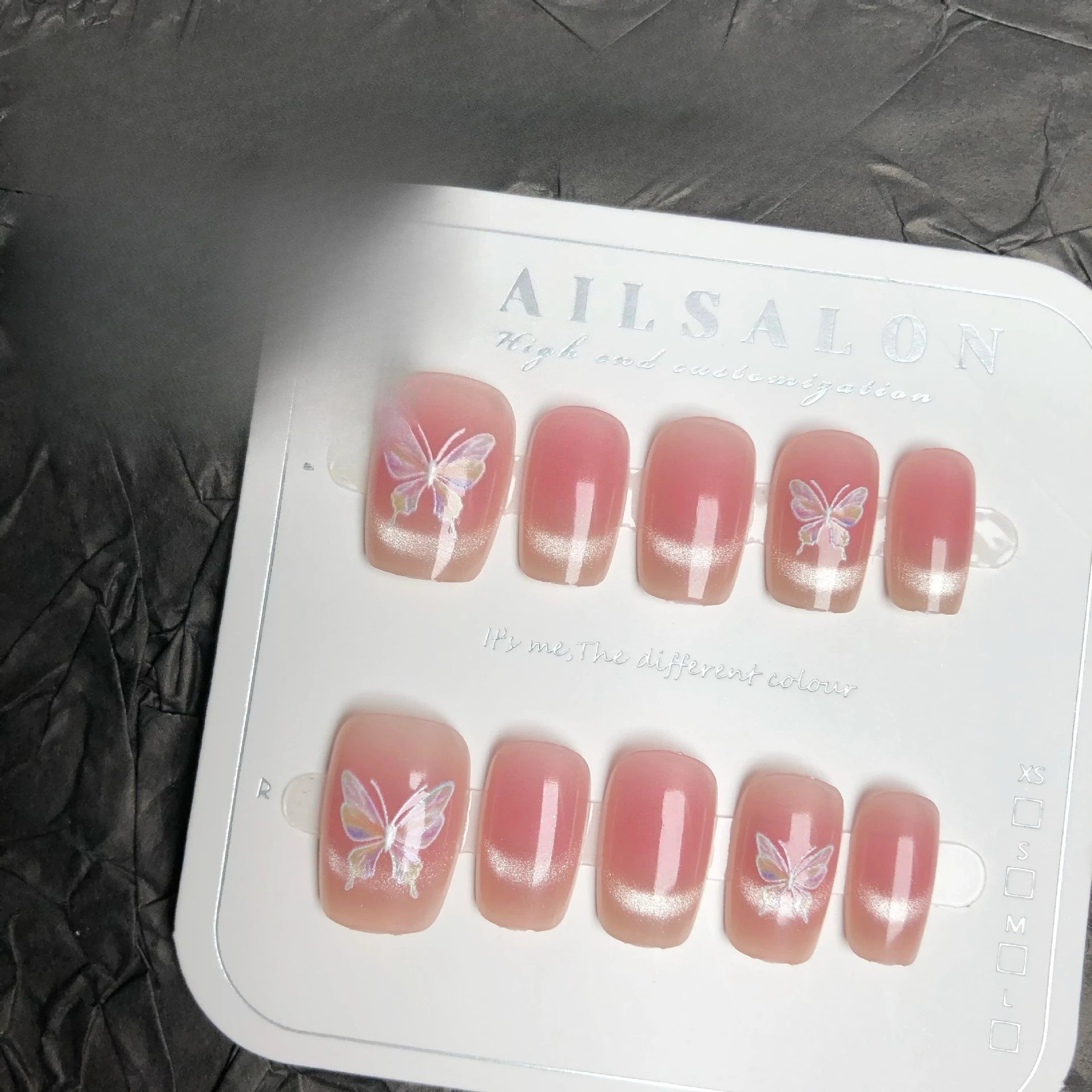 Aiertu  -  24PCS Y2k Short Coffin Press on False Nail with Glue Butterfly Metallic Silver Blush Fake Nail for Spice Girls Wearable Ins Nail Aiertu