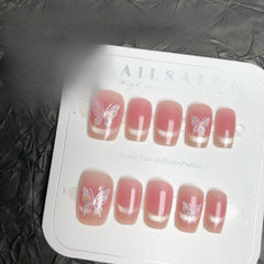 Aiertu  -  24PCS Y2k Short Coffin Press on False Nail with Glue Butterfly Metallic Silver Blush Fake Nail for Spice Girls Wearable Ins Nail Aiertu