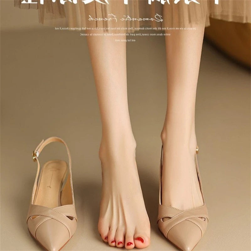 Aiertu  -  New Summer Fashion Comfortable Casual Wear-resistant Shallow Mouth Pointed Toe Toe Hollow Back High Heels Sheepskin Sandals Aiertu