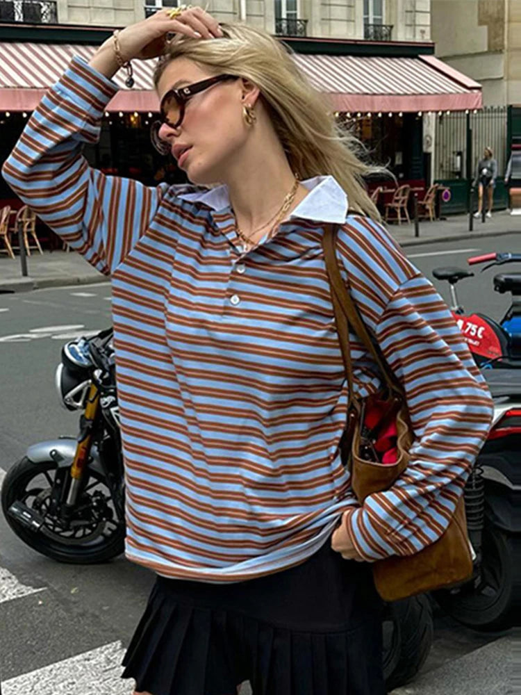 Aiertu  -  Striped Vintage Long Sleeve T-shirt Women Autumn New Turndown Collar Button T-shirts 2026 Streetwear Fashion Pullover Tops Tees Aiertu