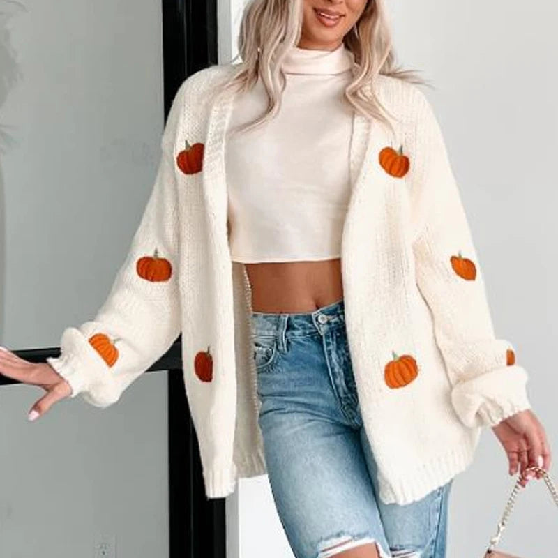 Aiertu  -  Pumpkin Embroidery Long Sleeve Loose Sweater Coat Women's Open Front Knitted Cardigan for Spring Fall Oversized Knitwear Outwear Aiertu