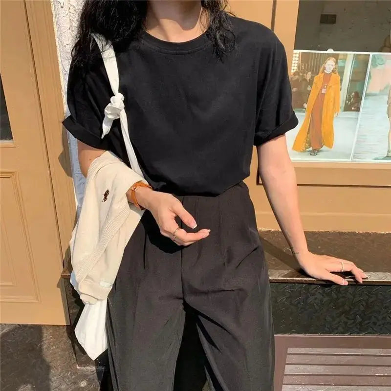 Aiertu  -  Summer Pure Cotton Women Top Short Sleeved Spring and Autumn Inner Matching Loose Bottomed Shirt Korean Shoulder White T-shirt Aiertu
