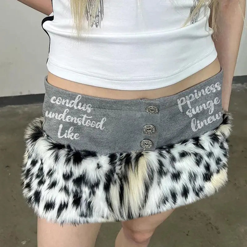 Aiertu  -  High-end Trendy Sweet Leopard Print Fur Splicing Casual Skirt for Women American Hottie Sexy Y2k Letter Print Low-waist Skirt Aiertu