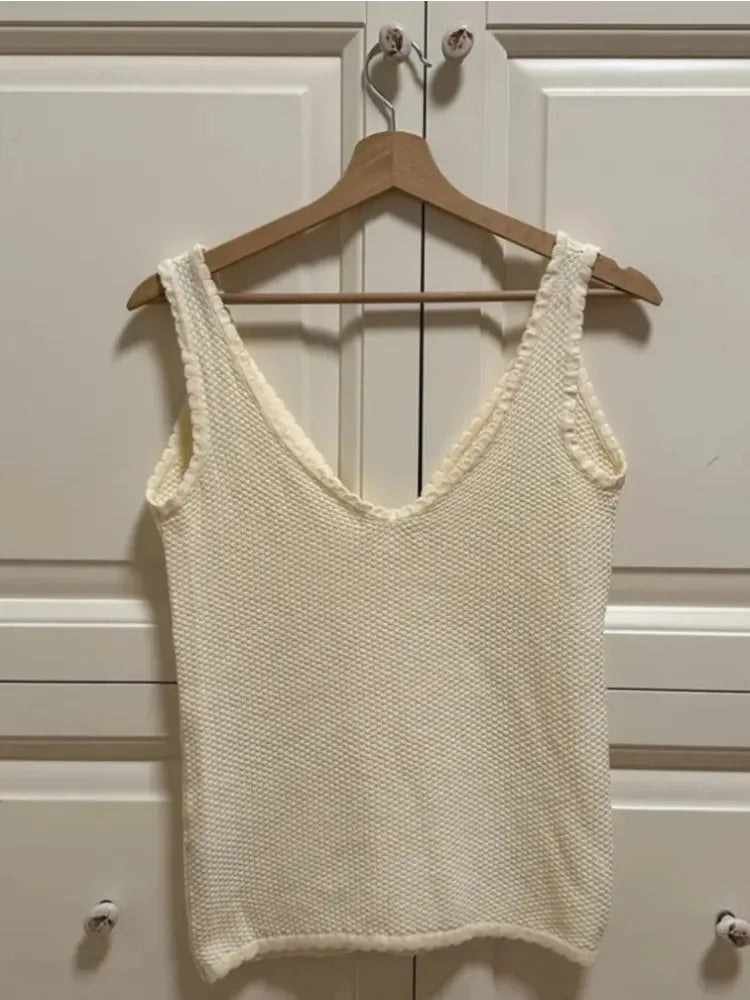 Aiertu  -  Retro Deep V Neck Crop Top Women Y2k Ruffle Vintage Tank Tops Womens Tie Up Bow Knitted Woman Backless Cute Tops 2026 New Aiertu