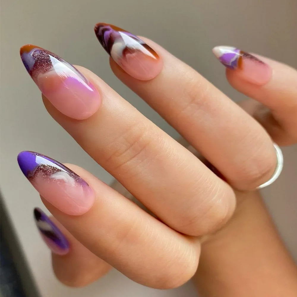 Aiertu  -  24PCS Glitter Almond False Nail Tips with Nebula Blurred French Press on Nail Full Cover Acrylic Wearable Simple Fake Nail Patch Aiertu