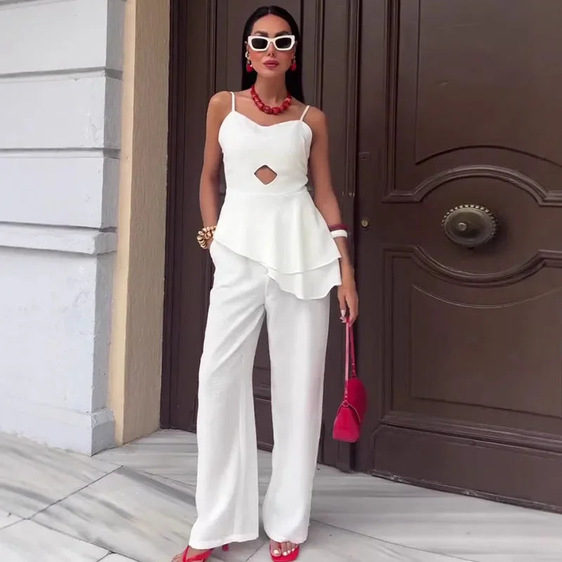Aiertu  -  Elegant Ruffled Hem Tank Top Pants Set Women Sleeveless Backless Slim Vest High Waist Straight Trousers Suit 2026 Summer Chic Aiertu