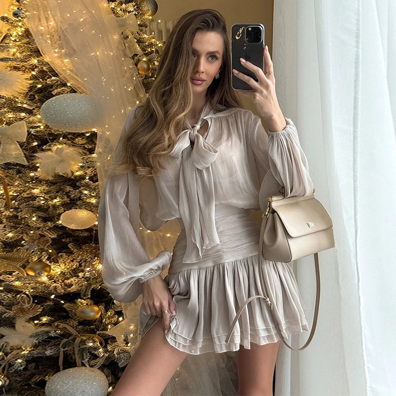 Aiertu  -  2025 New Women's Skirt Two Piece Set Chiffon Bow Tie Top High Waisted Drawstring Mini Dress Suit Ladies Sexy See Through Aiertu
