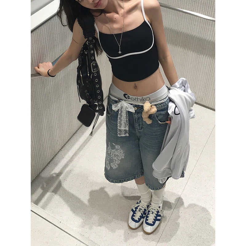 Aiertu  Summer Vintage Women's Lace Printed Blue Denim Shorts Young Girl Casual High Waist Bottom Female Loose Capris Calf-length Pants Aiertu