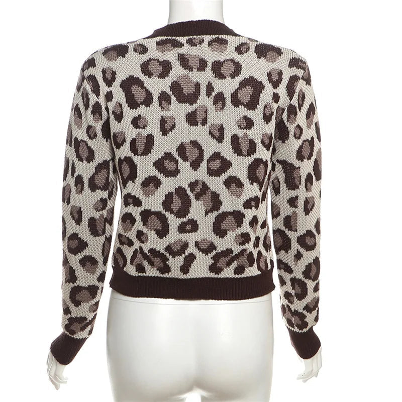 Aiertu  -  Fashion Leopard Printed Sweater Cardigan Autumn Long Sleeve O Neck Single-breasted Knit Tops Vintage Y2K Outerwears 가디건 Aiertu