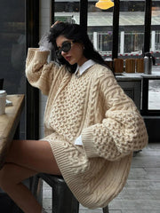 Aiertu  -   Twisted Flower Loose Sweater Women Winter New Round Neck Long Sleeve Oversized Jumper Female Simple Casual Knitted Pullover Tops Aiertu