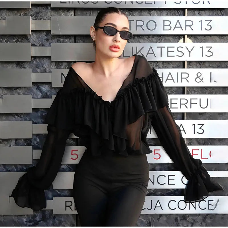 Aiertu  -  Fashion Women's Ruffle Shirts Loose V-neck Long Lantern Sleeve Female Blouses 2025 Spring Summer Lady Sexy See Through Shirt New Aiertu