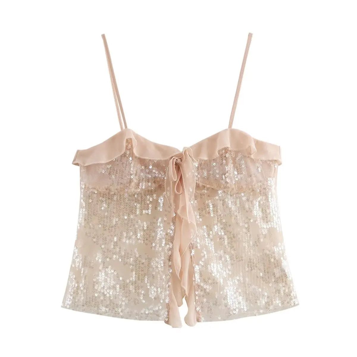 Aiertu  -  Summer Chic Pleat Ruffles Chiffon Sequined Backless Tops Women Sexy Split Lace-up Crop Tanks Female Holiday Beach Outfits Aiertu
