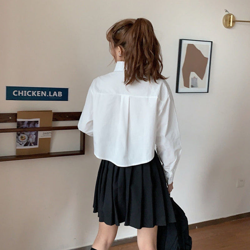 Aiertu Fashion Korean Pocket Cropped Blouse Women Casual Preppy Style Long Sleeve Short Shirt Fall Solid White All-match Y2k Tops Aiertu
