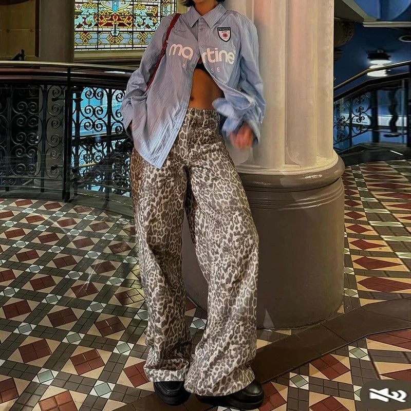 Aiertu  -  New Leopard Print Retro Straight Long Pants For Women Loose Slightly Flared Trousers Female Streetwear Club Party Pants Aiertu
