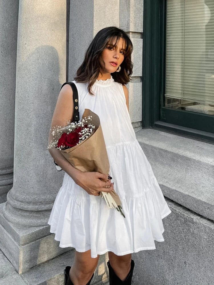 Aiertu  -  Summer Cotton A-line Loose Ruffles White Dress Women Casual O-neck Lace-up Sleeveless Mini Dress Female Holiday Party Dress 2025 Aiertu