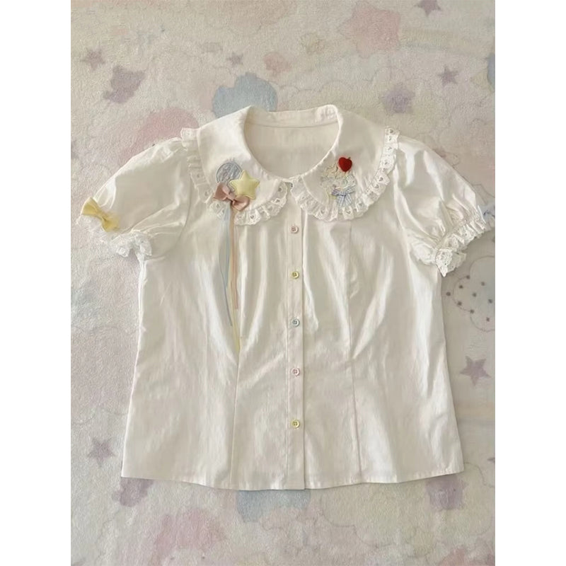 Aiertu Japanese Kawaii White Shirts Women Jk Lolita Bow Embroidery Blouses Summer Y2K Aesthetic Lace Patchwork Short Sleeve Tops Aiertu
