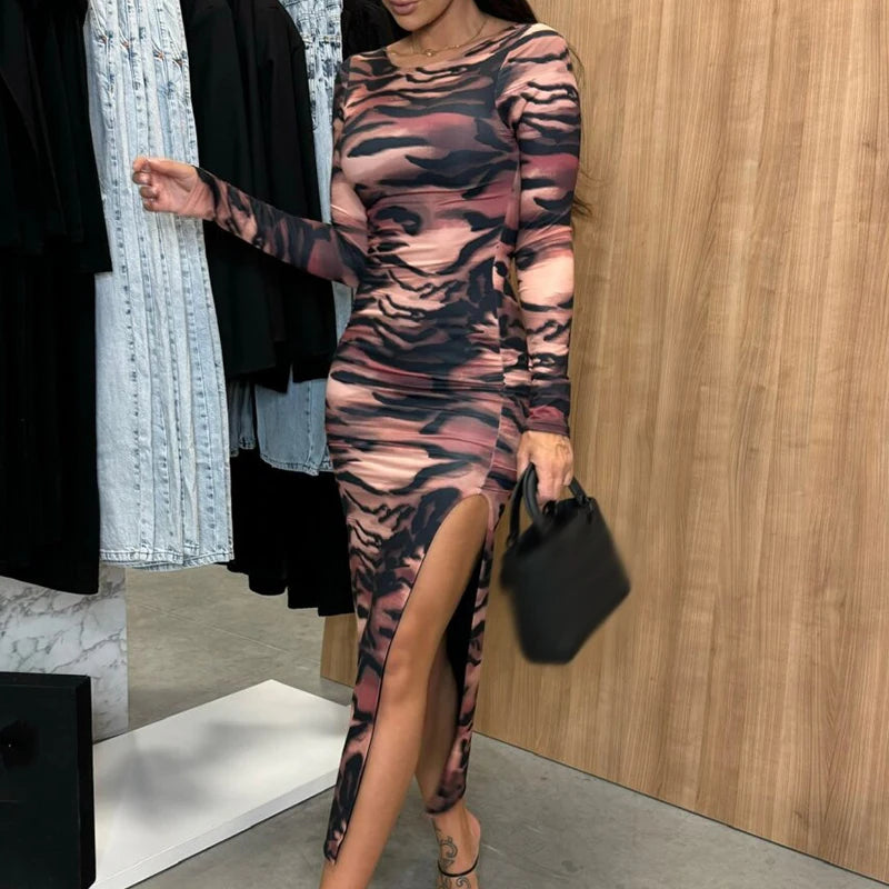Aiertu  -  Causal Long Sleeve Commuter Long Dress Fashion Pattern Printed Irregular Maxi Dress Women Elegant O-neck Split Slim Party Dress Aiertu