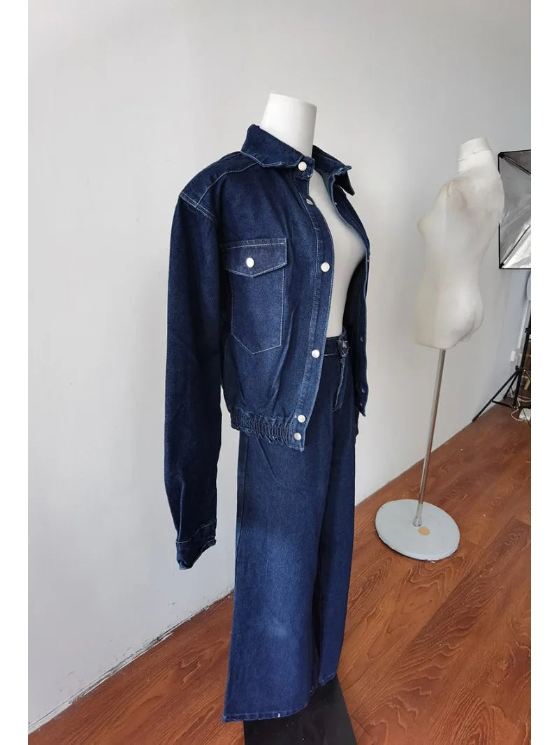 Aiertu  -  Sweet Hot Girl Retro Suit Women's Spring and Autumn Slim Fit Denim Short Shirt Loose Wide Leg Pants Two-piece Set Female Clothes Aiertu