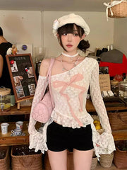 Aiertu  -  Flowy Ruffle Hem Long Sleeve T-shirt Women White Floral Lace Ribbon Off Shoulder Asymmetrical Top Fall Female Clothing Aiertu